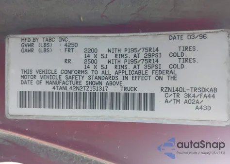 1996 Toyota Tacoma z USA, uszkodzony, nr VIN 4TANL42N2TZ151317